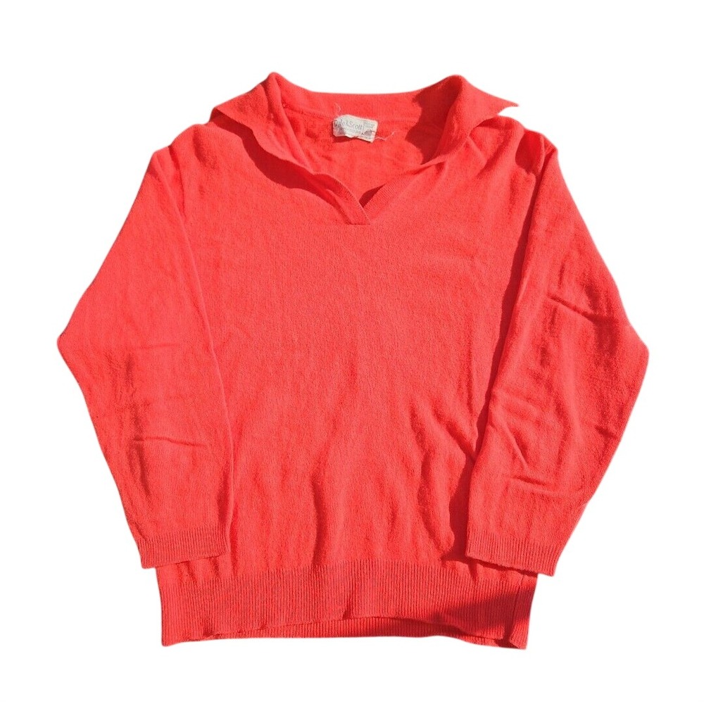Lyle & Scott Vintage Orange V-Neck Polo Sweater 3/4 Sleeve Made in Scotland